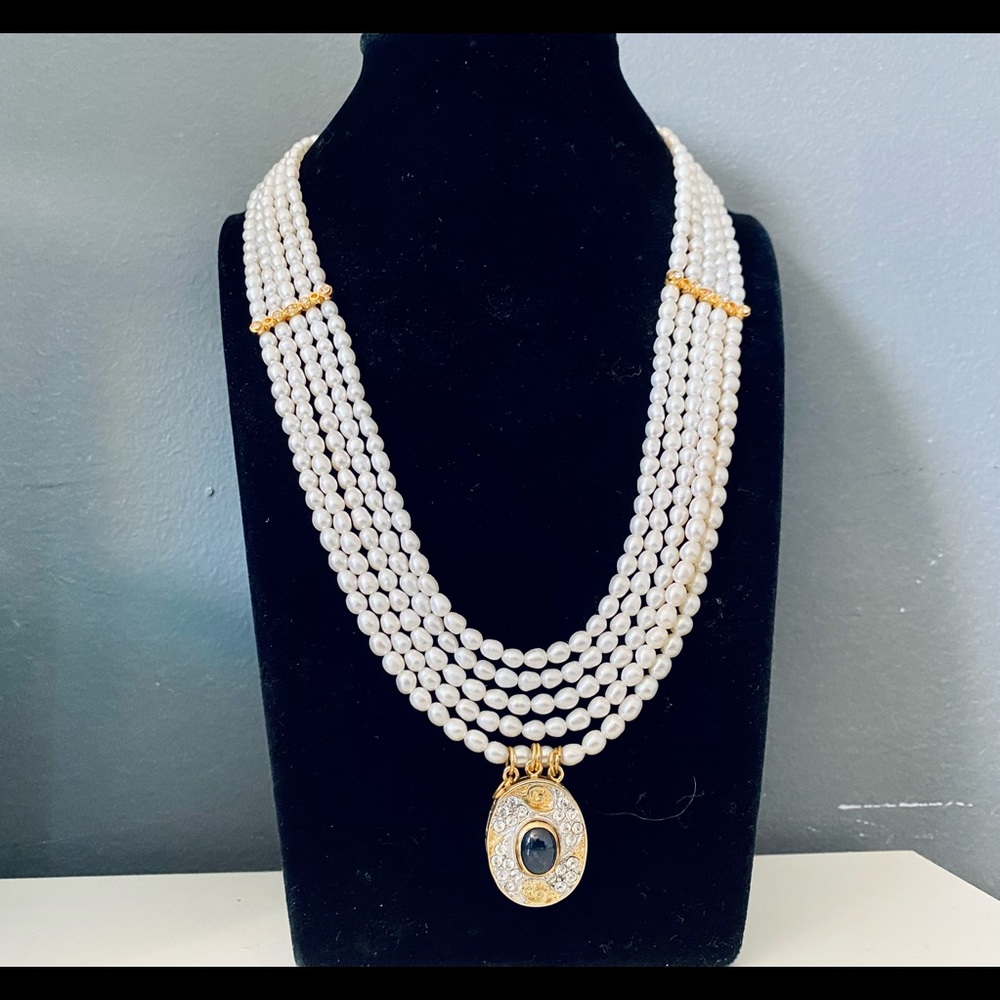Antique vintage Gold plated freshwater pearl necklace CZ blue sapphire Pendant.